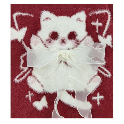 赤い猫柄のリボンアクセント、ディストレストリムのハイネック、着心地の良いセーター