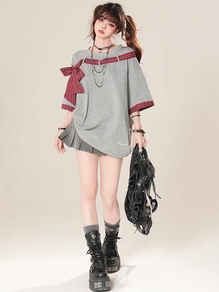 T-shirt Plaid Neckline Pattern Asymmetrical Bowknot Black/Gray