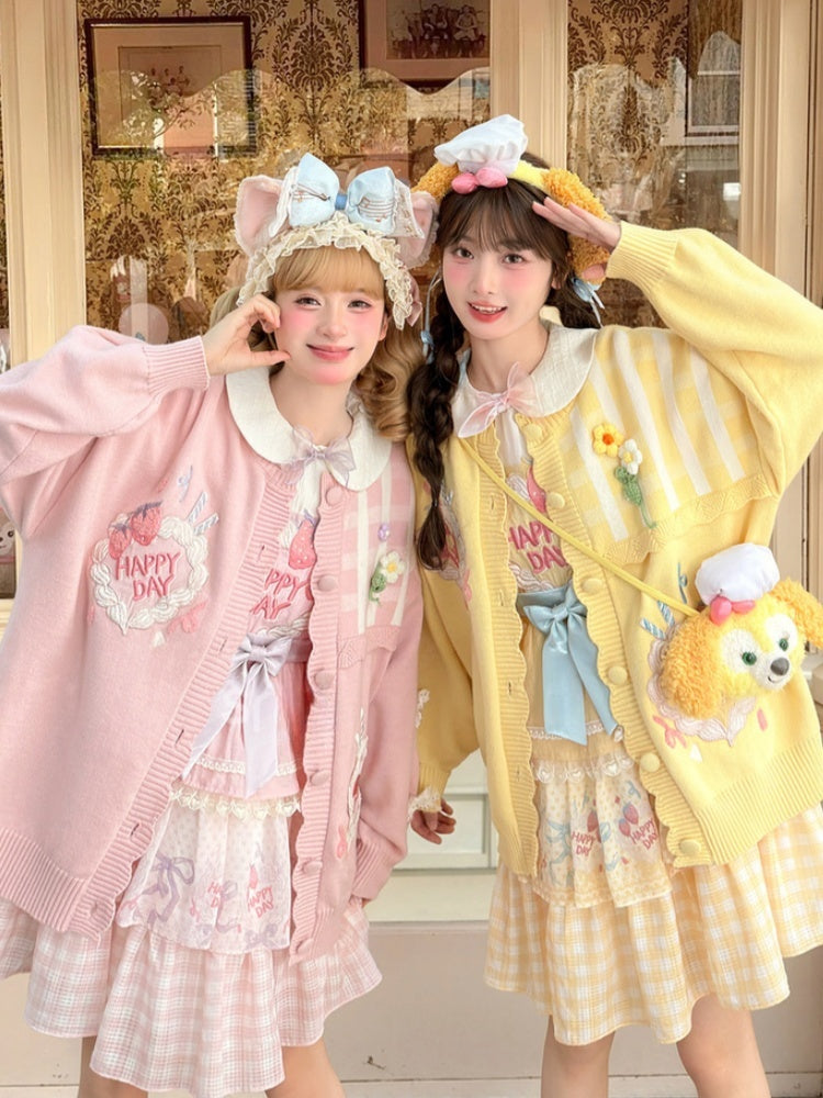 Spitze Bowknots Erdbeerkuchen Stickerei Yume Kawaii Rosa Strickjacke