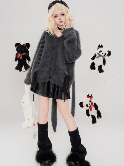 Dunkelgraue, flauschige Strickjacke mit Kapuze und Hasenohren