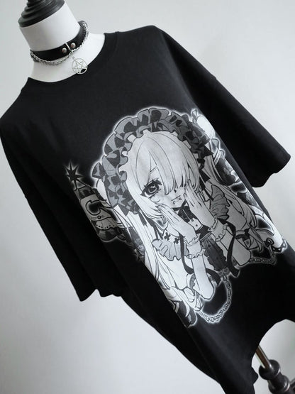 ネックブラックホワイト ケイジライ ラウンドプリント 漫画ガール Tシャツ