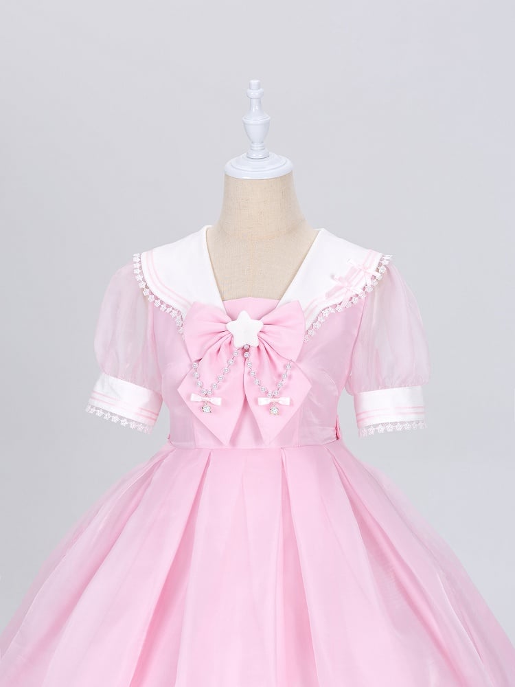 Star Lace Trimmed Sailor Collar Short Sleeves Pink Lolita-inspired Casual Dress with Free Bowtie - Magical Girl - DevilInspired Exclusive Collection