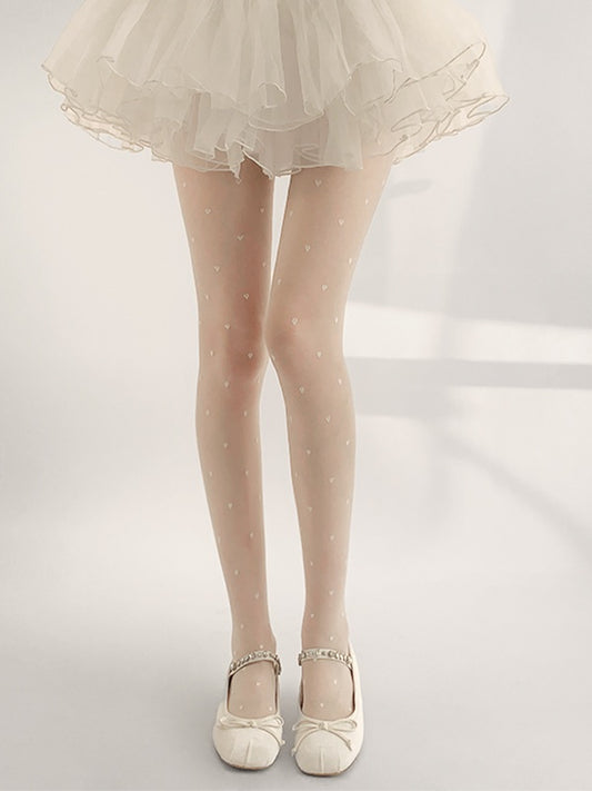 White/Black Heart Tights Semi-Sheer Pattern
