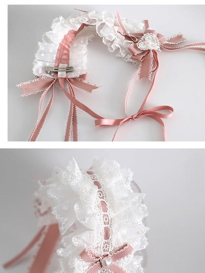 Hairband Lolita Ruffled WhitePink With Sweet Bowknot Decorated Details Clips Beaded