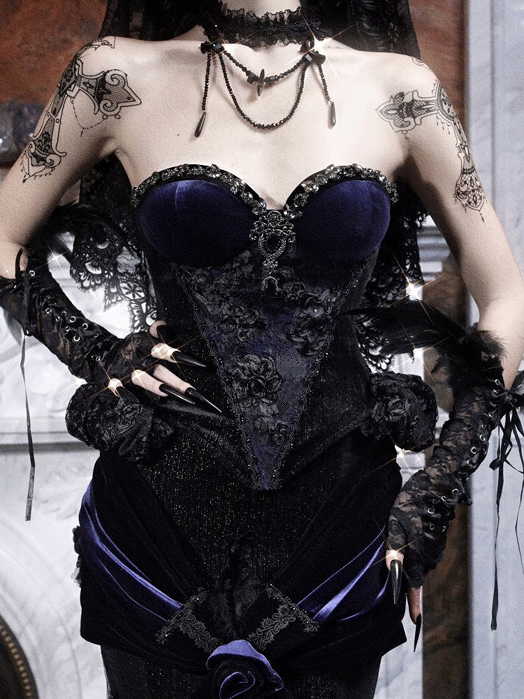 Romantic Goth Black Purple Velvet Corset with Rhinestones Beading - Blood Supply