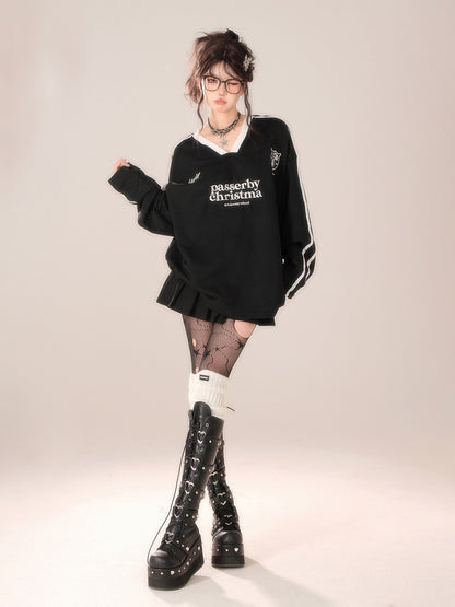 Lettering Top Long Sleeve Black V-Neck - Accents Striped Preppy