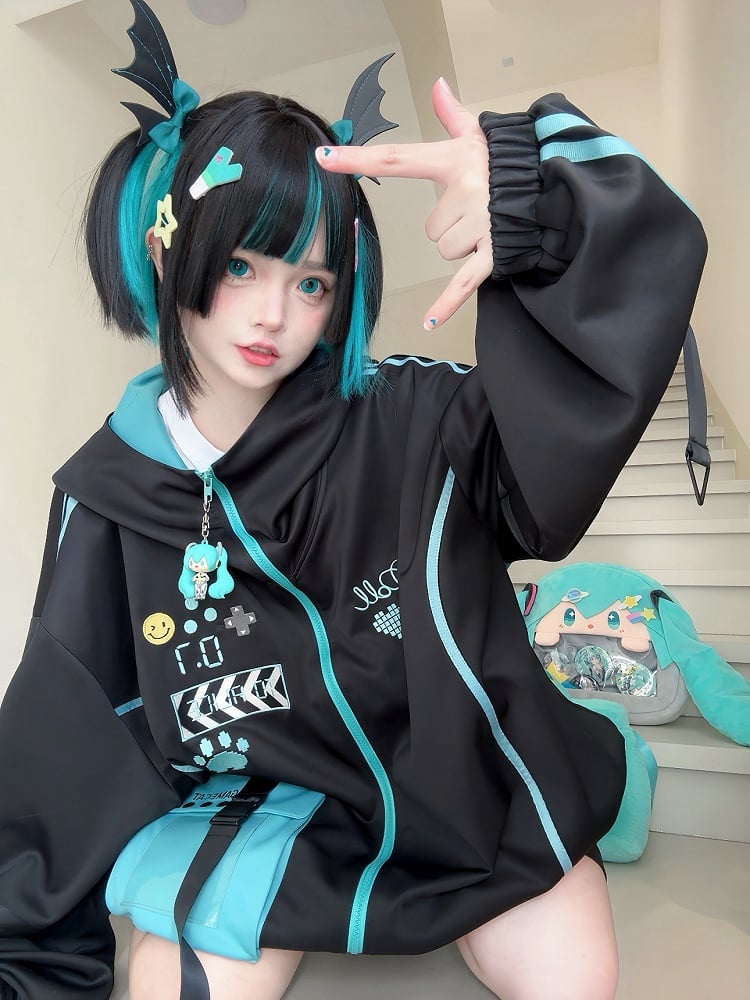 フード付きテックウェア ブラックフューチャリスティックジャケット ブルー＆サイバーパンク