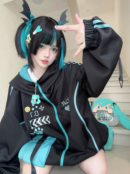 フード付きテックウェア ブラックフューチャリスティックジャケット ブルー＆サイバーパンク