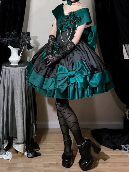 Green Black Off-Shoulder Boned Lolita Gown - Treasure Box Factory