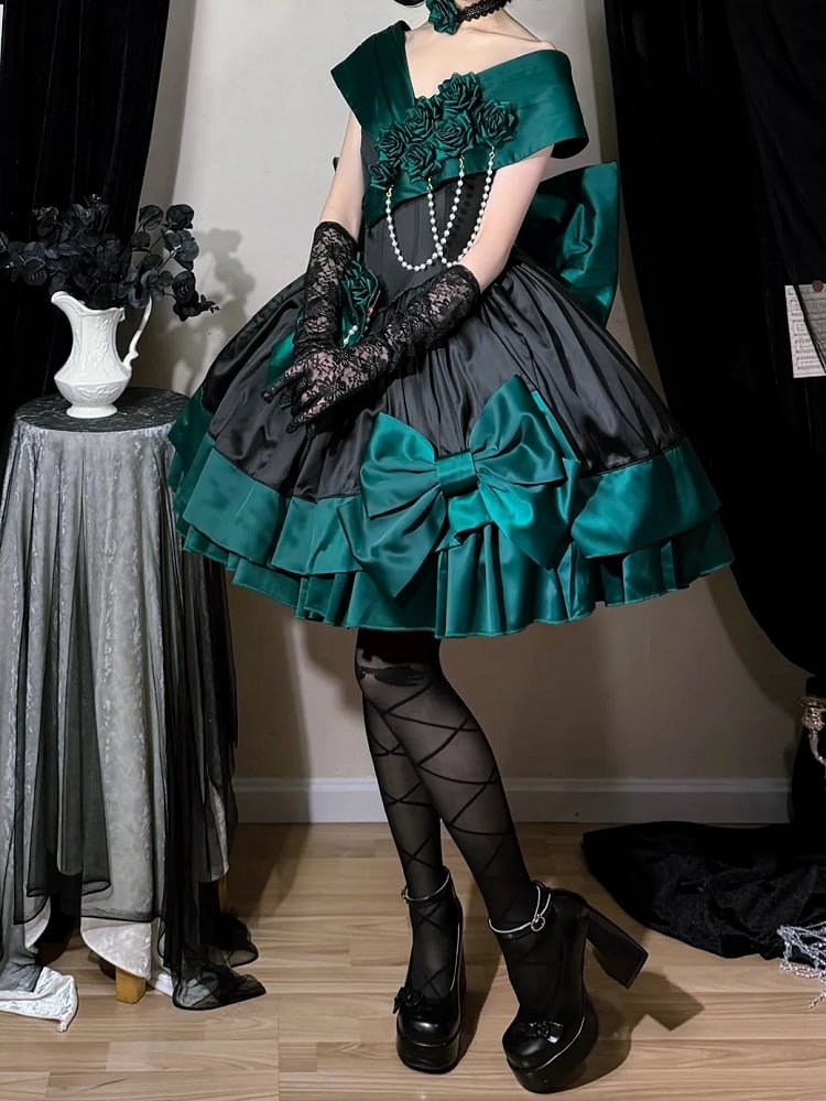 Green Black Roses Off-Shoulder Boned Lolita Set - Treasure Box Factory