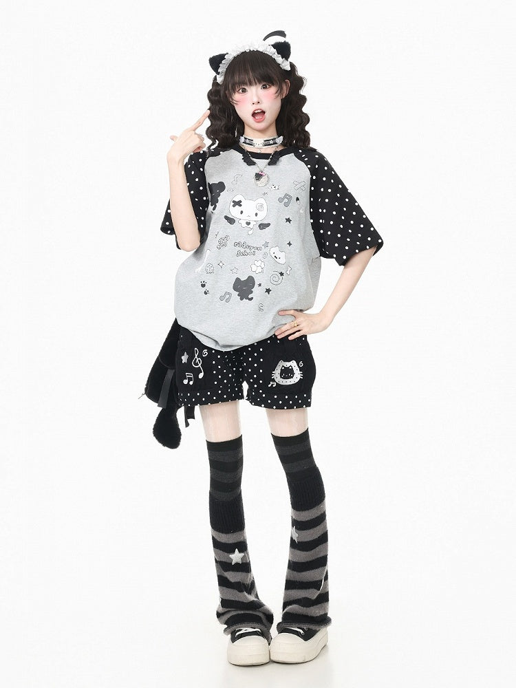 Grey Crew Neck Short Sleeve T-shirt with Kitten & Polka Dot - Languid Park