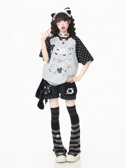 Grey Crew Neck Short Sleeve T-shirt with Kitten & Polka Dot - Languid Park