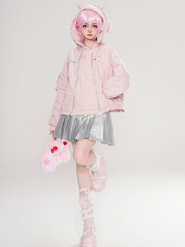 Black/Pink Zips Cat Ears Hood Thick Zip Hoodie