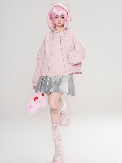 Black/Pink Zips Cat Ears Hood Thick Zip Hoodie