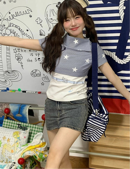 Star Print T-Shirt Blue with and White Stripes Navy Style