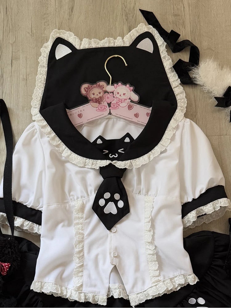 T-shirt Collar Sailor with White Tie Black Paw Kitty-Ear Embroidered