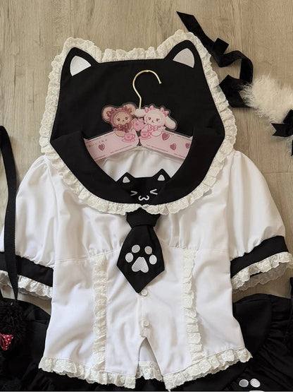 T-shirt Collar Sailor with White Tie Black Paw Kitty-Ear Embroidered