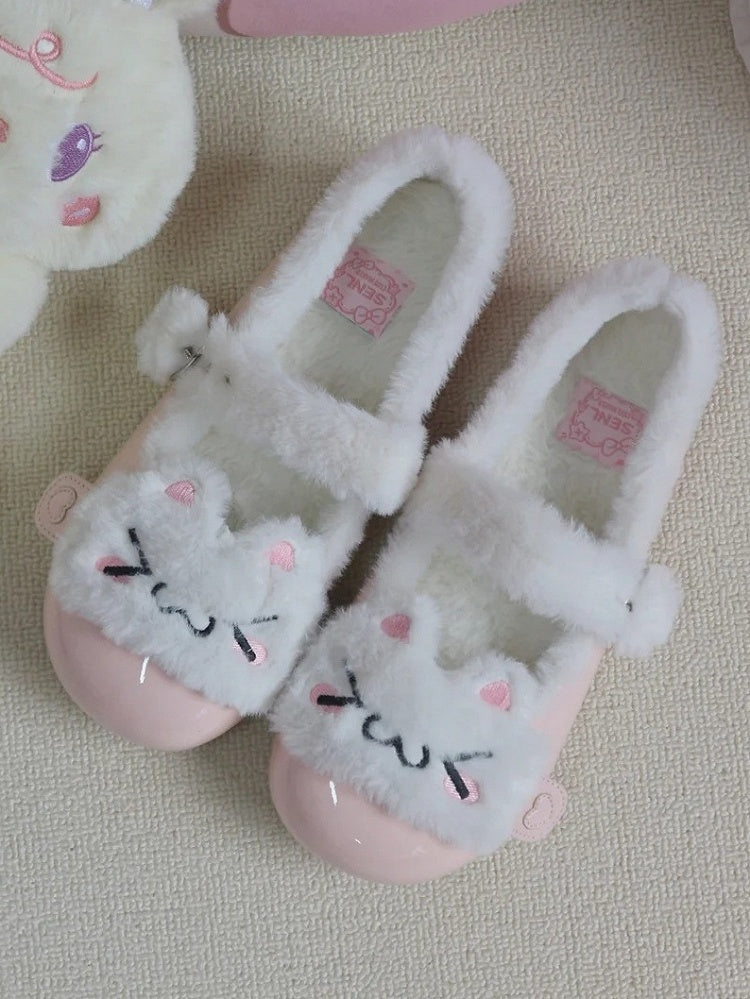 Cozy Fleece Sweet Plush Winter Kitty Pink Lolita Snap Button Flats with Lining