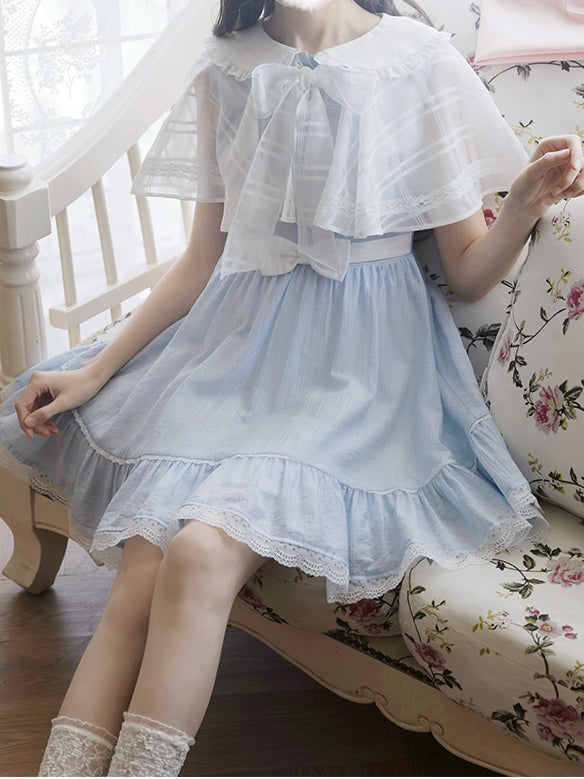 Jirai Kei Light Blue Peter Pan Collar Cape Design Faux Two-pieces Dress