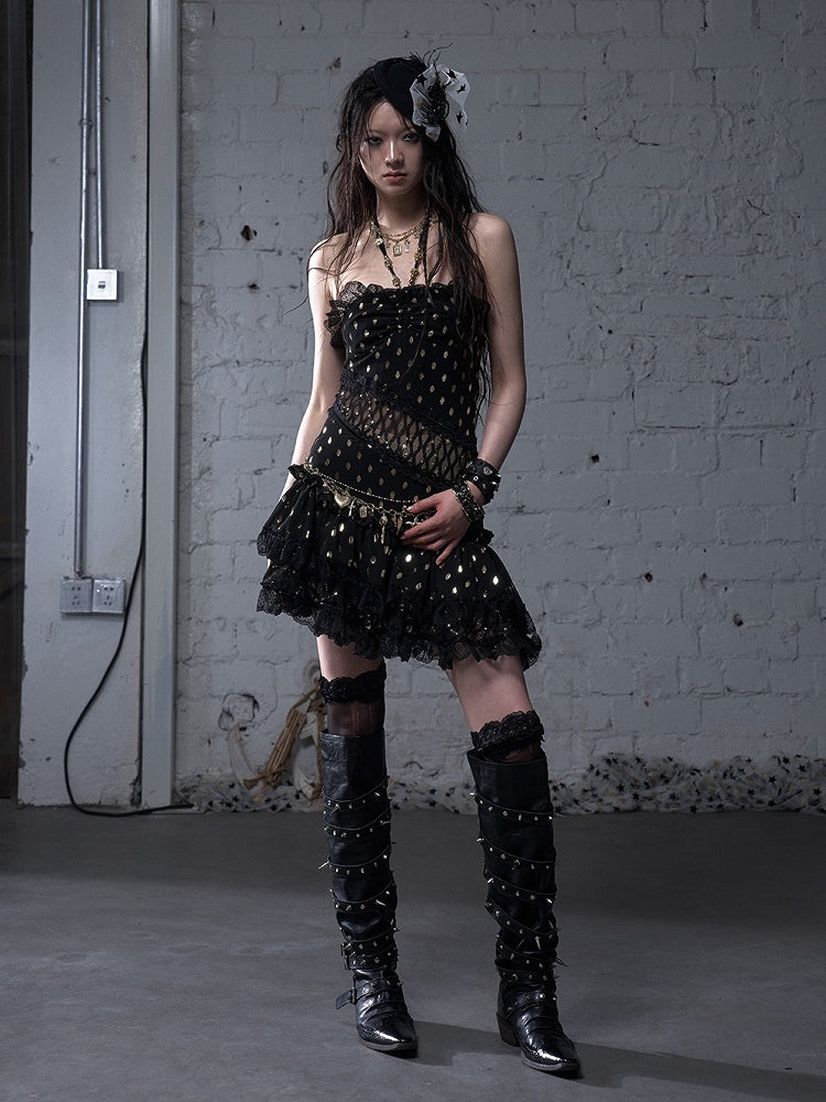 Beige/Black Neck Waist Polka-dot Vintage Halter Lace Patches