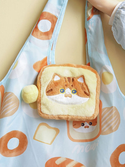 かわいい猫とパンのプリントのブルーショルダーバッグ