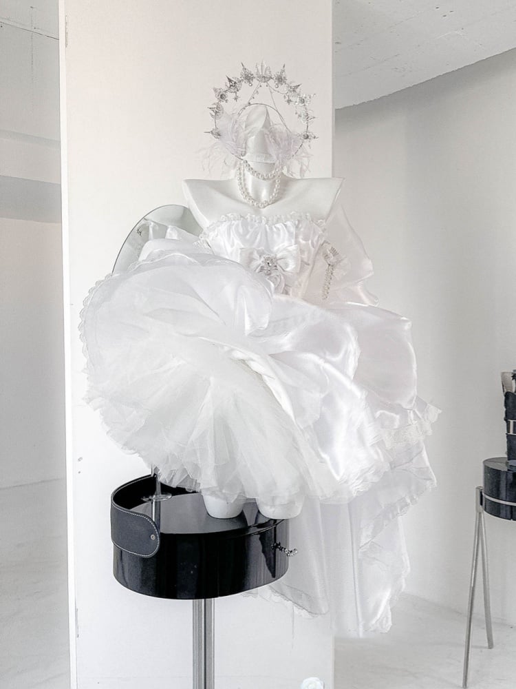 Rhinestones Balletcore Puffy Skirt White with Decorated Set Boned Corset Waist Strapless Top