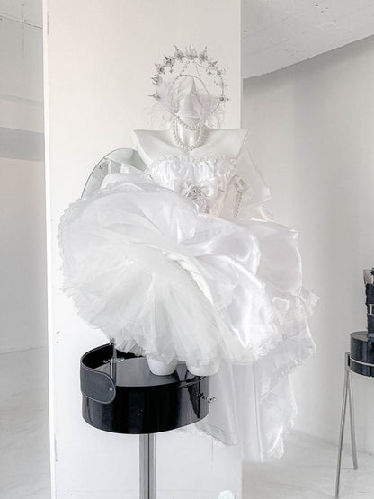 Rhinestones Balletcore Puffy Skirt White with Decorated Set Boned Corset Waist Strapless Top