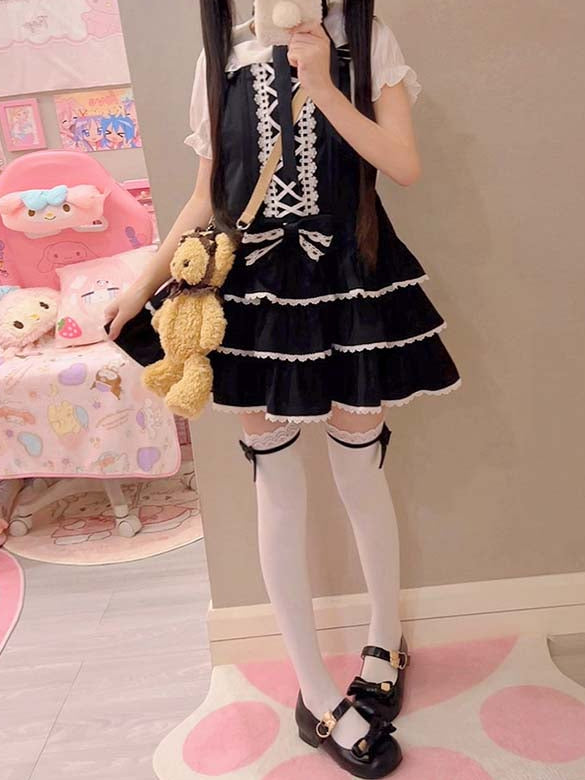 Ribbon Criss-cross Lolita Black Tiered Skirt Overall Design Dress Sweet