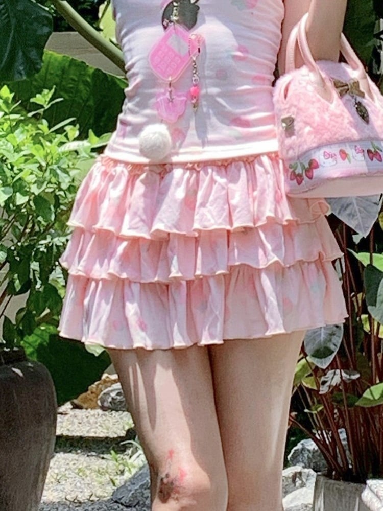 Strawberry Built-in Pink Skirt Tiered Shorts with Print