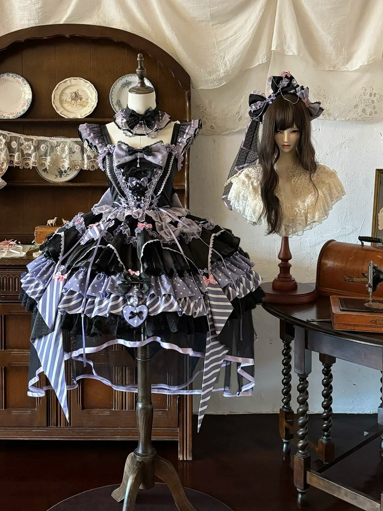 Layered Heart Ribbon Bow Accent Magic Witch Jumper Skirt Dress in Black & Purple - SheepBallad