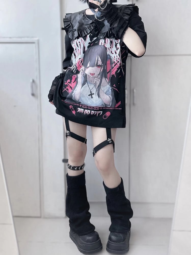 Jirai Kei Schwarzes Anime-Mädchen Yami Kawaii T-Shirt mit falschem Kragen-Set