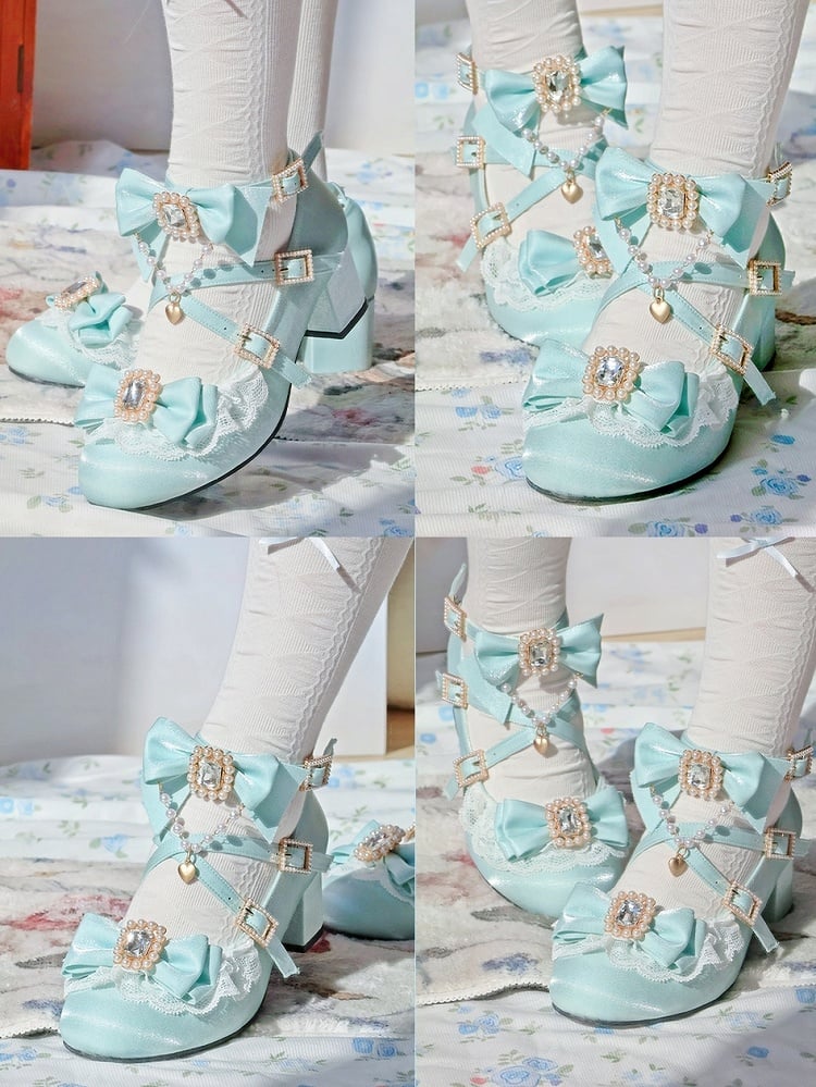 Sophisticated Lolita Lace Mint Mid - Blue Trim Heels