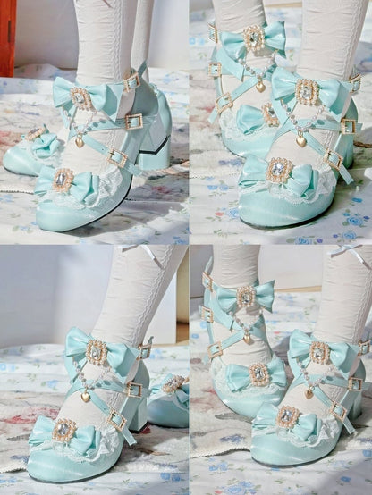 Sophisticated Lolita Lace Mint Mid - Blue Trim Heels