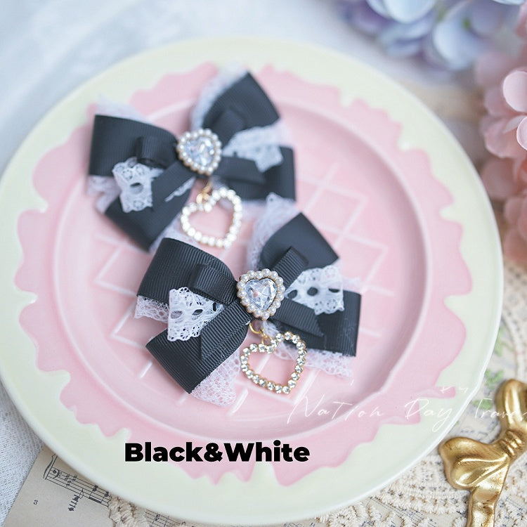 Pink/Black Blue/Dusty White Heart Rhinestone Jirai Kei Bow Hairclips Light