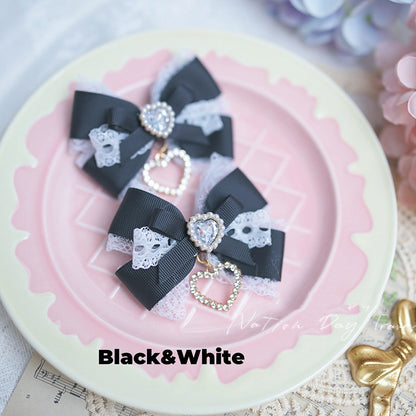 Pink/Black Blue/Dusty White Heart Rhinestone Jirai Kei Bow Hairclips Light