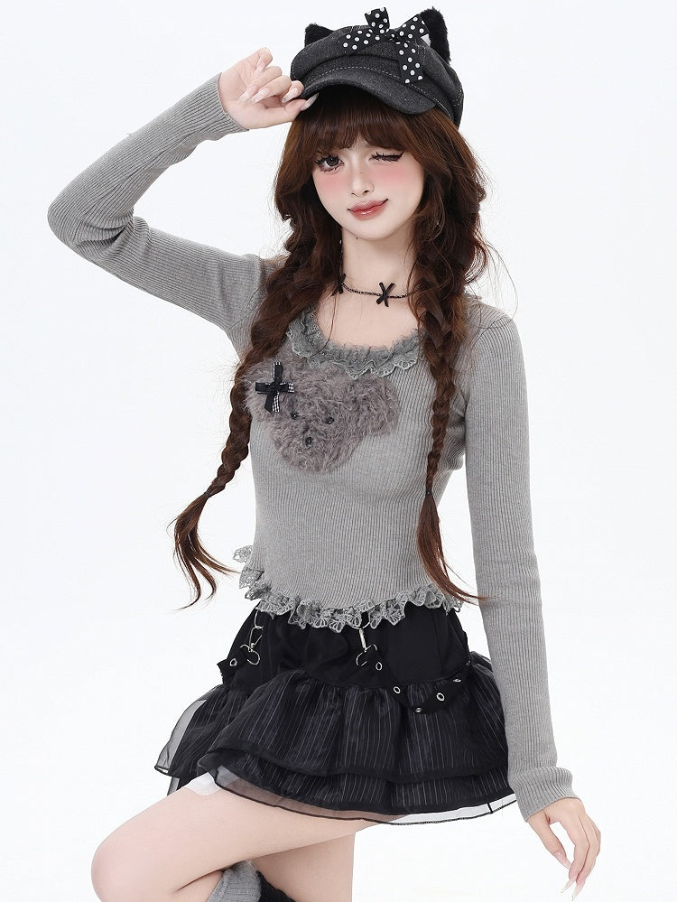 Weiß/Grau/Schwarzes Stricktop mit Plüschwelpen-Applikation und Spitzenbesatz