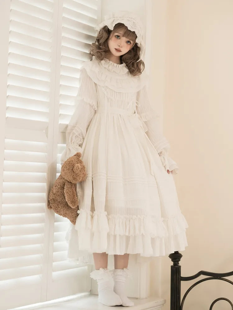 Neck All Ruffled Sleeves Long White Shiro Lolita Layered Ruffle Hemline Dress