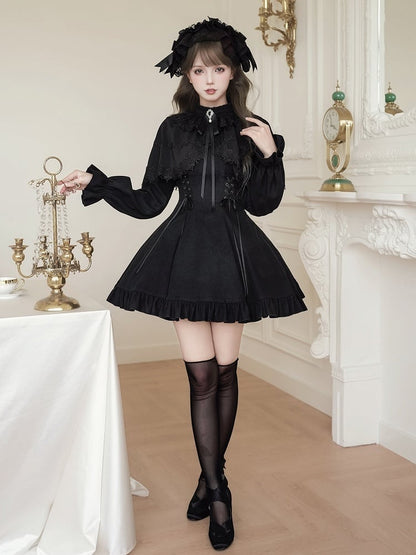 False Jirai Two-Piece Lace-up Black Cape Kei-inspired with Details Dress