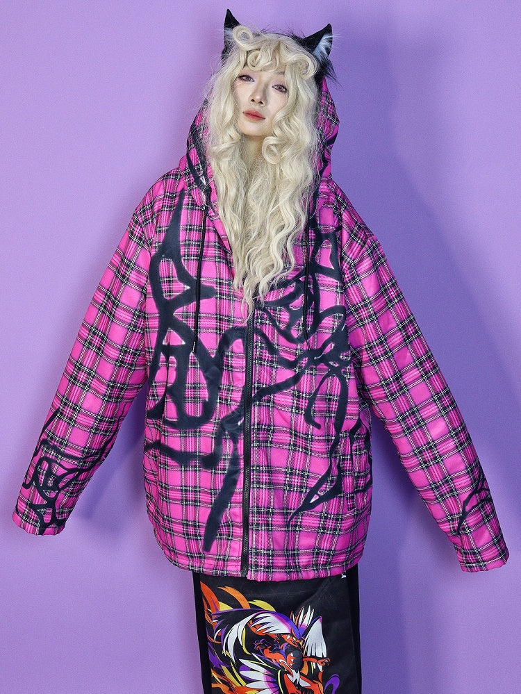 Fleece-Lined Hoodie Jacket Red Y2K Oversized Plaid Pattern Rose
