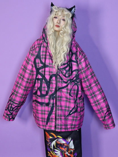 Fleece-Lined Hoodie Jacket Red Y2K Oversized Plaid Pattern Rose
