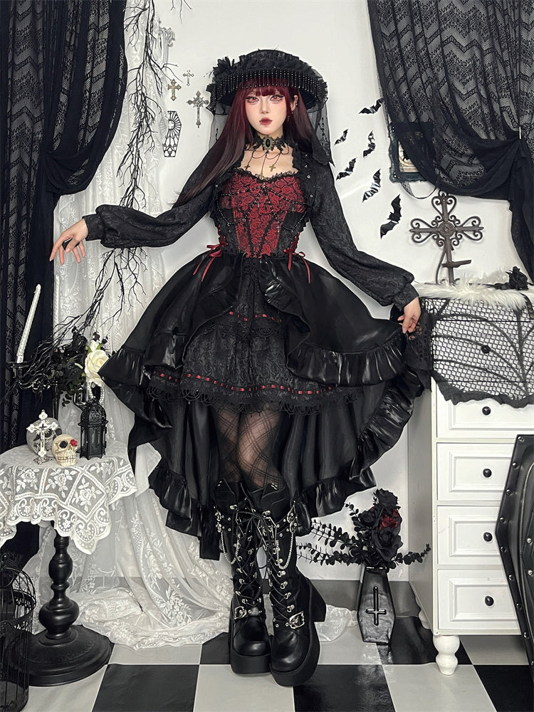 Black & Red Rose Beaded Chain Gothic Lolita Puffy Dress Jumper Skirt