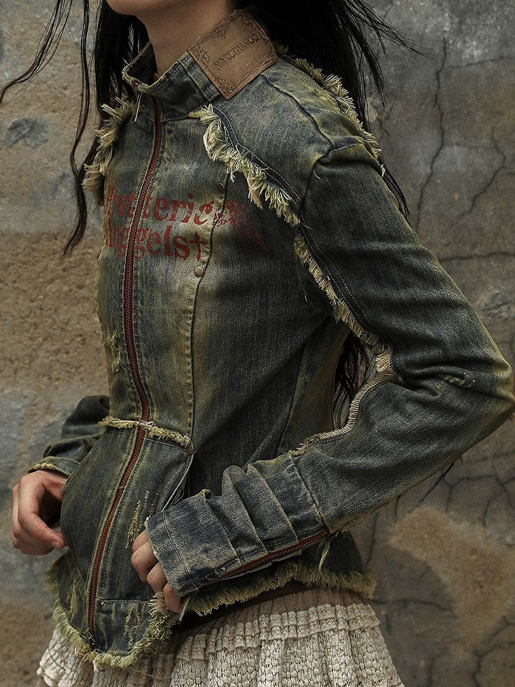 Distress with Denim Cross Red Rock Letter Blue Trim Punk Jacket Washed Patch Print