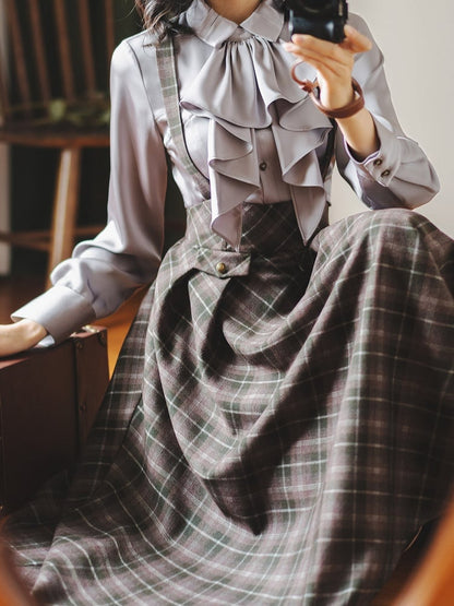 Shirt Elegant with Tie Fitted Satin Gray Jabot Long Sleeves