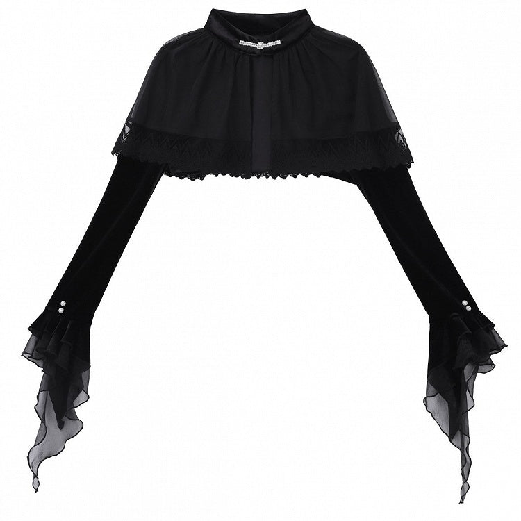Schwarzes Lolita-Top mit Spitze und Gothic-Volant, kurze Ärmel