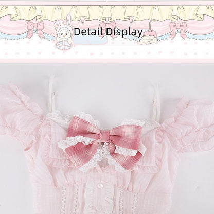 Light Pink Ruffle Puff Sleeve Top with Bow - serendipity