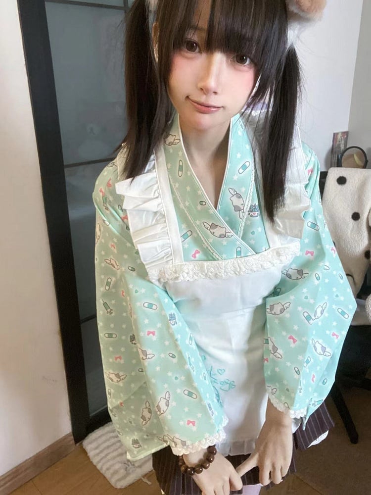 Wrap Set: 3-Piece Top Kimono Green Style Mint Maid-Inspired