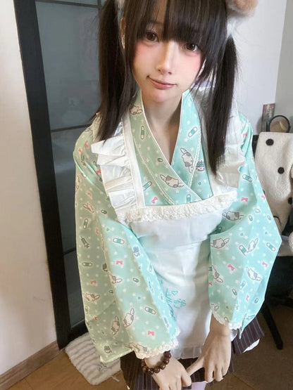 Wrap Set: 3-Piece Top Kimono Green Style Mint Maid-Inspired