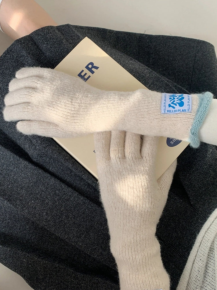 (4 Contrast Wool-Blend Cuffs Gloves Long Knit with Colors)