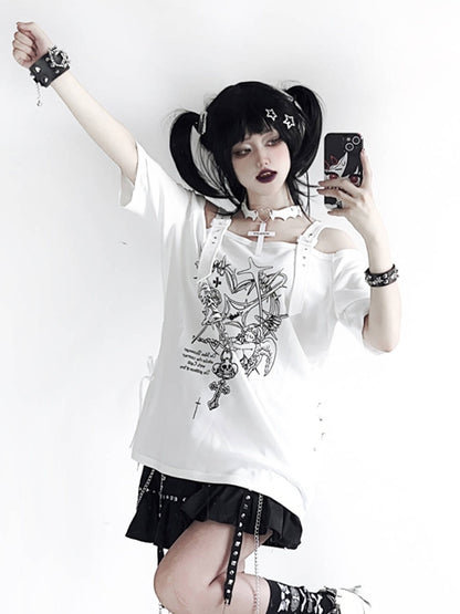 Black/White with T-shirt Gothic Off-Shoulder Choker Y2K Free Angel Heavenly