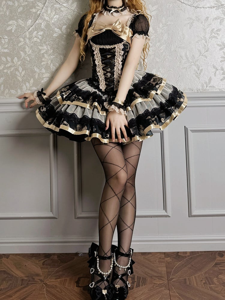 Print Puff Kurzes Goldkleid Korsett Bunny Lolita und schwarze Kitty-Ärmel